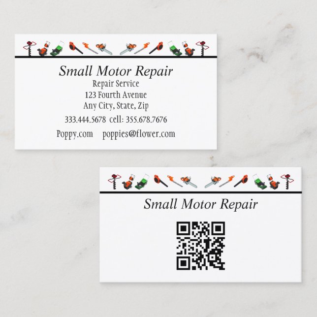 Cartão De Visita QR Code Small Engine Repair Custom Business Cards (Frente/Verso)