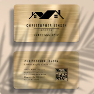 Cartão De Visita QR Code Telhado Preto Dourado Metálico Arredondado