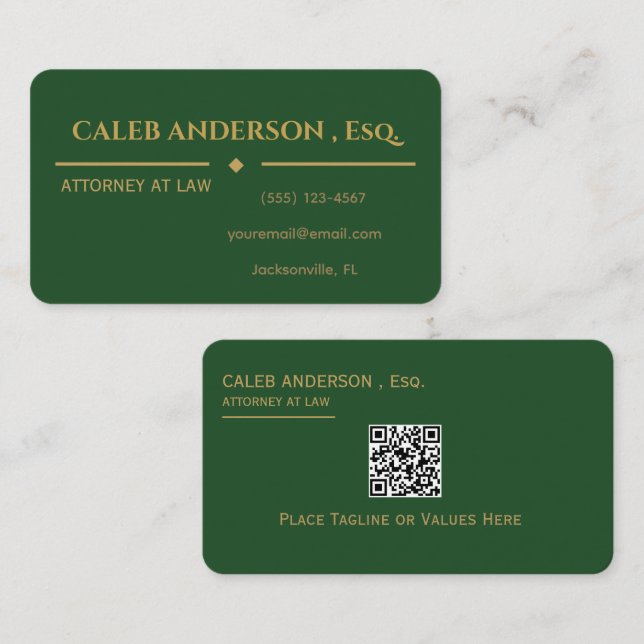 Cartão de Visita QR Code Verde Esmeralda e Dourado (Frente/Verso)