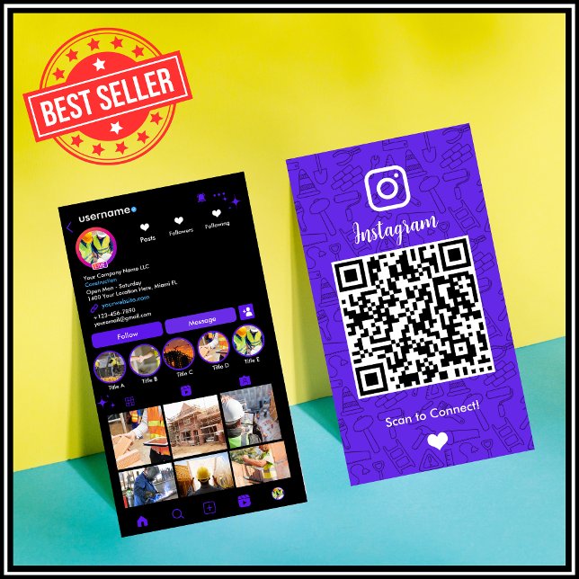 Cartão de Visita QR Code Violeta Instagram Constru (Criador carregado)