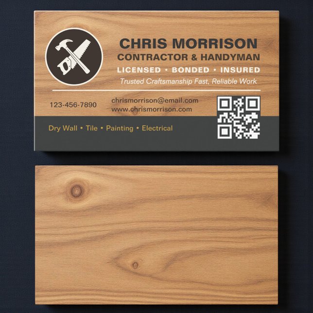 Cartão De Visita QR Code Wood Contractor Handyman Tools Logo (Criador carregado)