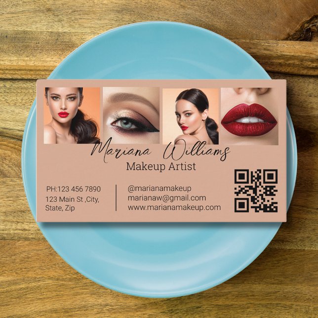 Cartão De Visita qr código makeup artista 4 fotos colagem castanho (Criador carregado)