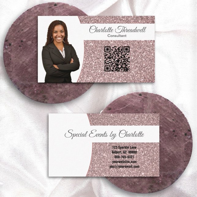 Cartão De Visita QR de Fotografia Personalizada com Glitter Dourada (Criador carregado)