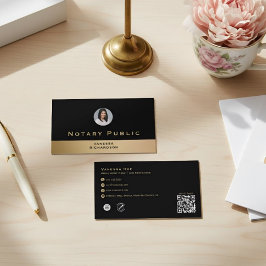 Cartão De Visita QR de Negócios de Notário Fotográfico Preto Dourad