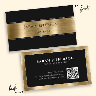 Cartão De Visita QR Elegante Simples Preto Dourado Metálico Profiss