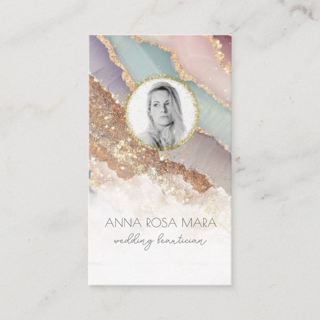 Cartão De Visita *~* QR Luxe Agate Pastel FOTO LOGO Dourado AP66 (Frente)