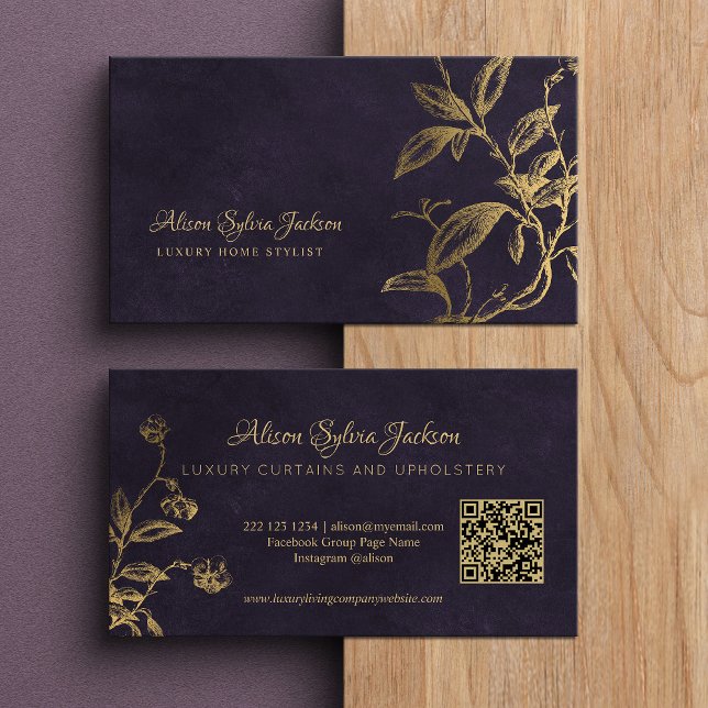 Cartão De Visita QR Luxury purple elegant faux gold foil foliage (Criador carregado)