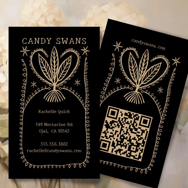 Cartão De Visita QR Personalizado de Boho Único de Quadro Botânico  (Whimsical Botanical Frame Unique Boho Custom QR Code Scribbles Sketch Business Card
)