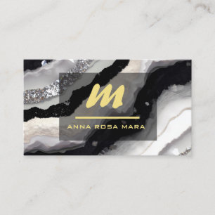Cartão De Visita *~* QR Preto AP66 Monograma branco Dourado com bri