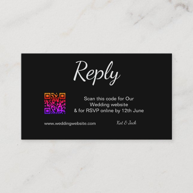Cartão De Visita QR RSVP site de casamento simples preto RSVP (Frente)