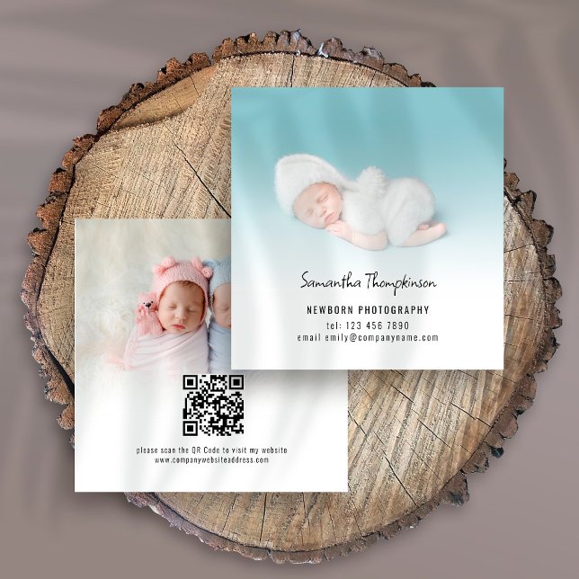 Cartão De Visita Quadrado 2 Fotos QR Código Baby Photographer Square (Criador carregado)