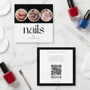 Cartão De Visita Quadrado 3 Unhas Foto Código QR Sociais Preto e Branco