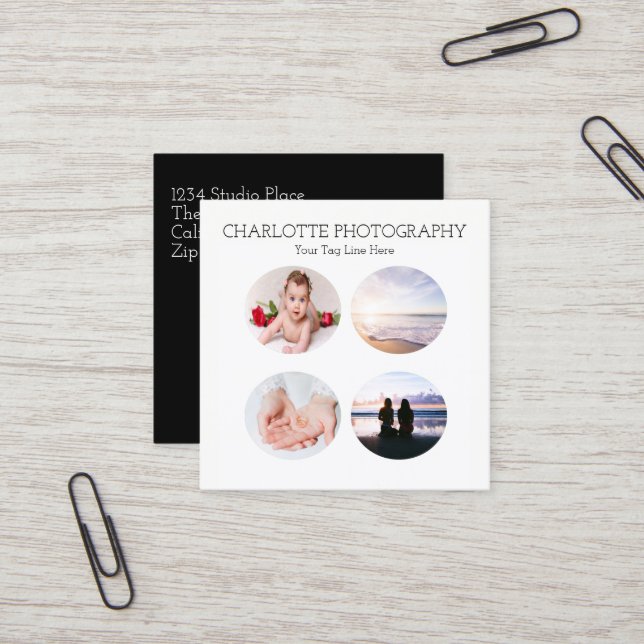 Cartão De Visita Quadrado 4 fotografias em preto e branco moderno Quadrado (Frente/Verso In Situ)