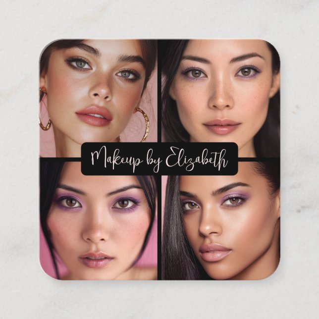 Cartão De Visita Quadrado 4 Photo Makeup Blush Pink Script Black QR Code (Frente)
