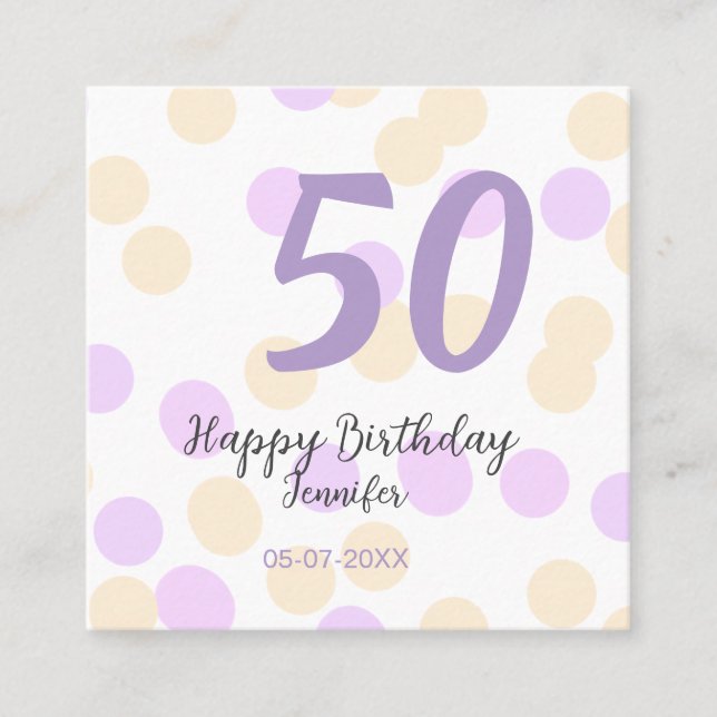 Cartão De Visita Quadrado 50th birthday add name date purple orange polkadot (Frente)