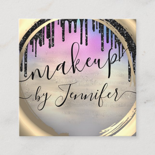 Cartão De Visita Quadrado 6 Punhos Lash Hair Makeup Studio Rosa Dourado Azul (Frente)