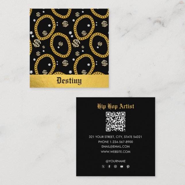 Cartão De Visita Quadrado  90's Hip Hop Rap Music Gold Cuban Link Chain (Frente/Verso)