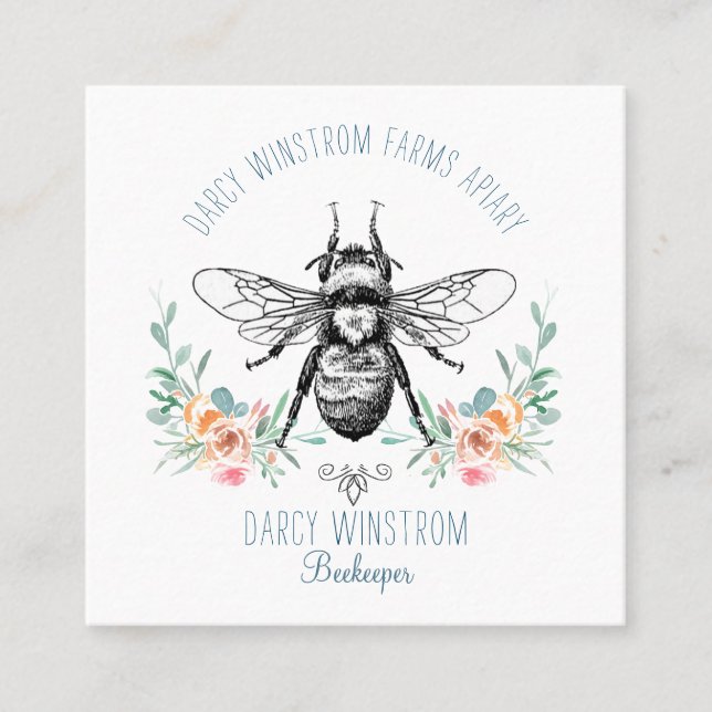Cartão De Visita Quadrado Abelhas Apiárias De Mel Desenhadas À Mão (Frente)