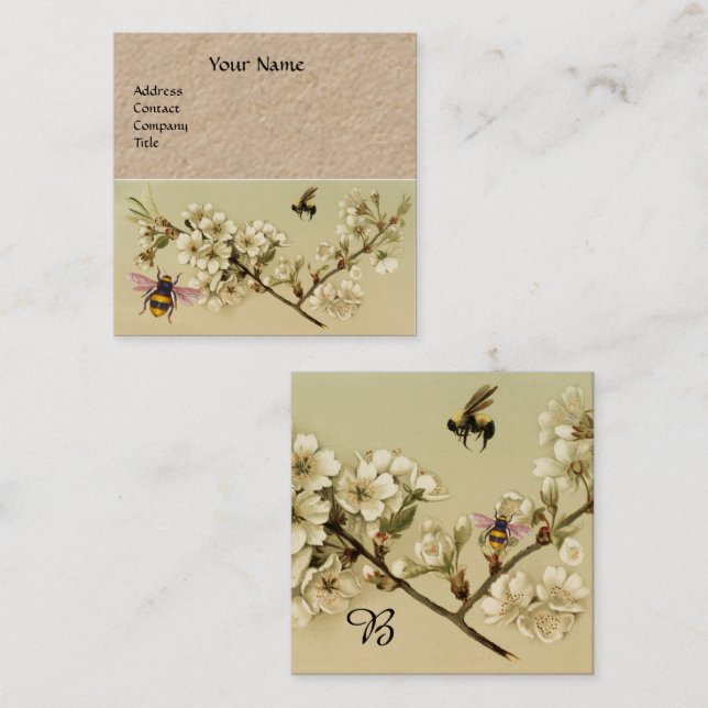 Cartão De Visita Quadrado ABELHAS DE MEL E ROSAS SELVAGENS MONOGRAM Papel Kr (Frente/Verso)