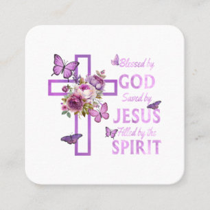 Cartão De Visita Quadrado Abençoado por Deus Salvo pela Cruz Floral Purple d