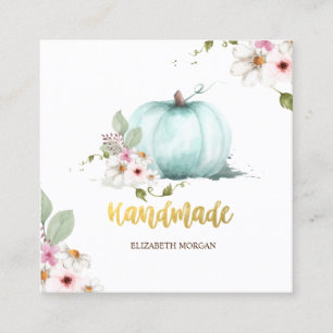 Cartão De Visita Quadrado Abóbora Floral em Aquarela, Feita à Mão