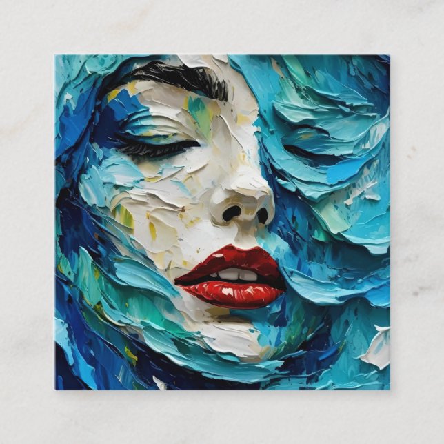 Cartão De Visita Quadrado Abstract art painting female face ocean waves (Frente)