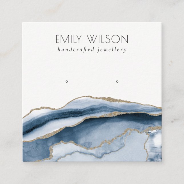 Cartão De Visita Quadrado Abstrato Agate Marinho  - Tela azul Dourada do ret (Frente)