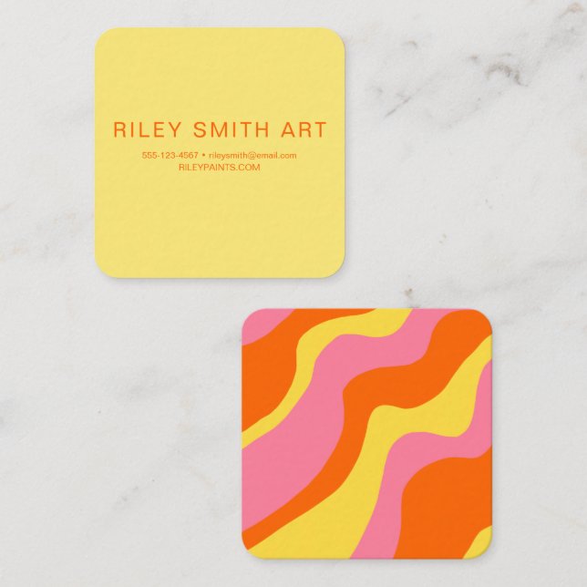 Cartão De Visita Quadrado Abstrato cor-de-rosa amarelo alaranjado 70s (Frente/Verso)