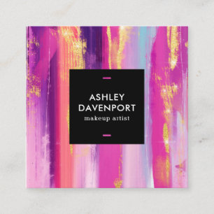 Cartão De Visita Quadrado Abstrato cor-de-rosa e dourada - pinceladas