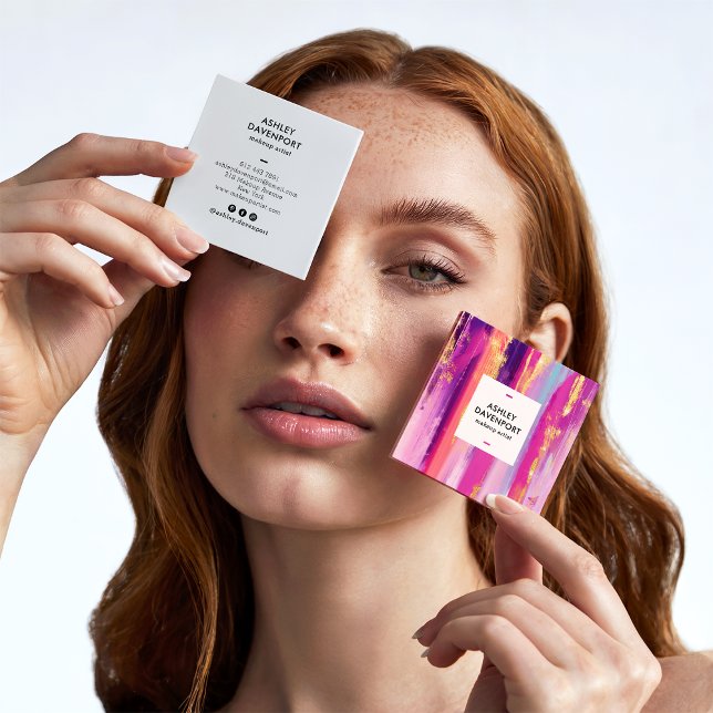 Cartão De Visita Quadrado Abstrato cor-de-rosa e dourada - pinceladas (Abstract pink and gold glitter brushstrokes makeup)