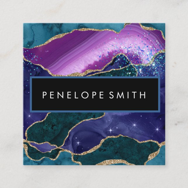 Cartão De Visita Quadrado Abstrato de Agato Azul e Púrpura (Frente)