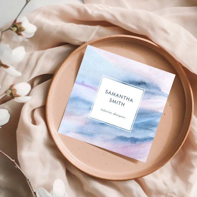 Cartão De Visita Quadrado Abstrato de Cor Azul Branco Elegante Moderno (Elegant Blue White Watercolor Abstract Square Business Card)