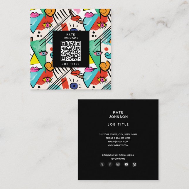 Cartão De Visita Quadrado Abstrato de Cubismo Moderno Artsy Enfrenta Arte (Frente/Verso)