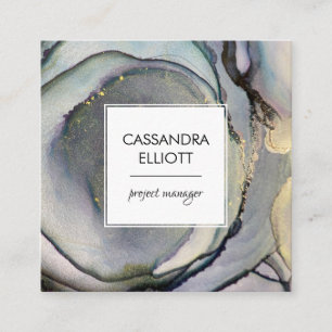 Cartão De Visita Quadrado Abstrato Denim Blue & Dourada Tinta Álcool Arte Lí