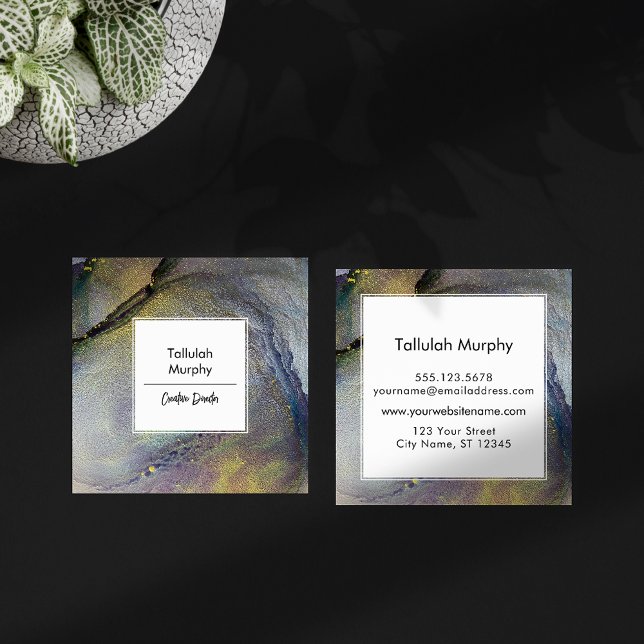 Cartão De Visita Quadrado Abstrato Denim Blue & Dourada Tinta Álcool Arte Lí (Criador carregado)