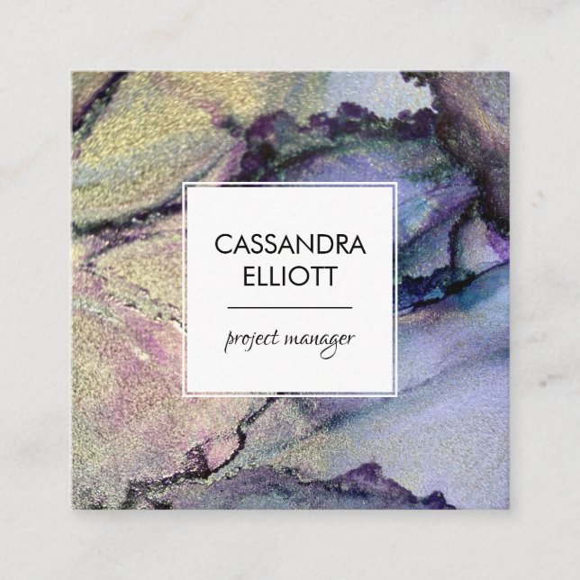 Cartão De Visita Quadrado Abstrato Denim Blue & Dourada Tinta Álcool Arte Lí (Frente)