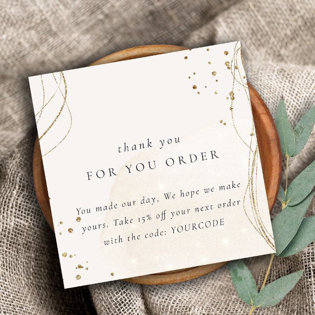 Cartão De Visita Quadrado Abstrato Ivory Dourado Obrigado Pelo Desconto Da O (Criador carregado)