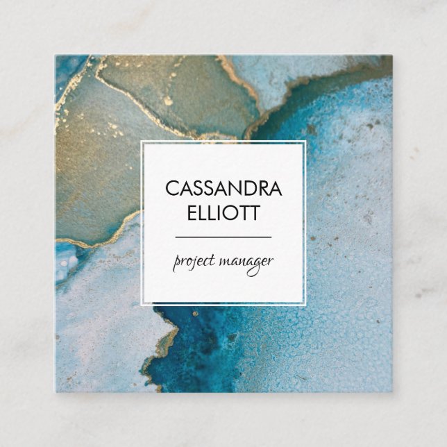 Cartão De Visita Quadrado Abstrato Turquesa e Dourada Tinta Álcool Arte Líqu (Frente)
