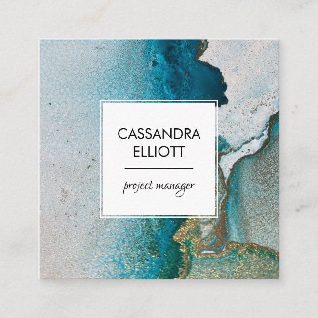 Cartão De Visita Quadrado Abstrato Turquesa e Dourada Tinta Álcool Arte Líqu (Frente)