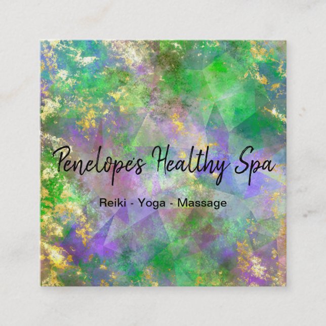 Cartão De Visita Quadrado Abstratos Dourados Roxos Verdes (Frente)