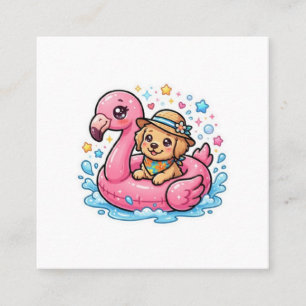 Cartão De Visita Quadrado Adesivo de Flamingo de Piscina Cachorrinho Kawaii