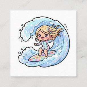 Cartão De Visita Quadrado Adesivo de Verão de Menina de Surf Fofa Kawaii Ond