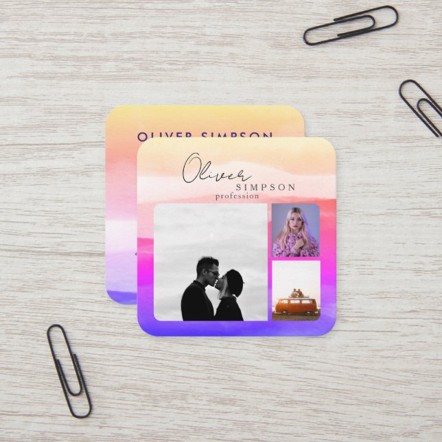 Cartão De Visita Quadrado Adicionar 3 Fotos Script de Holografia de Aquarela (Frente/Verso In Situ)