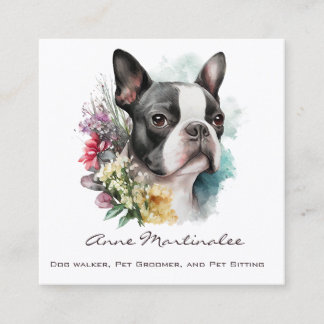 Cartão De Visita Quadrado Adorable Boston Terrier and Flowers Watercolor