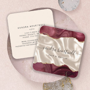 Cartão De Visita Quadrado Ágata Borgonha Dourado Glitter Marfim Seda