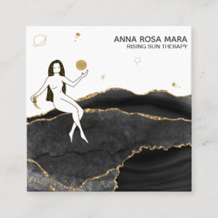 Cartão De Visita Quadrado *~* Agate Negra Celestial + Deusa Literária Dourad