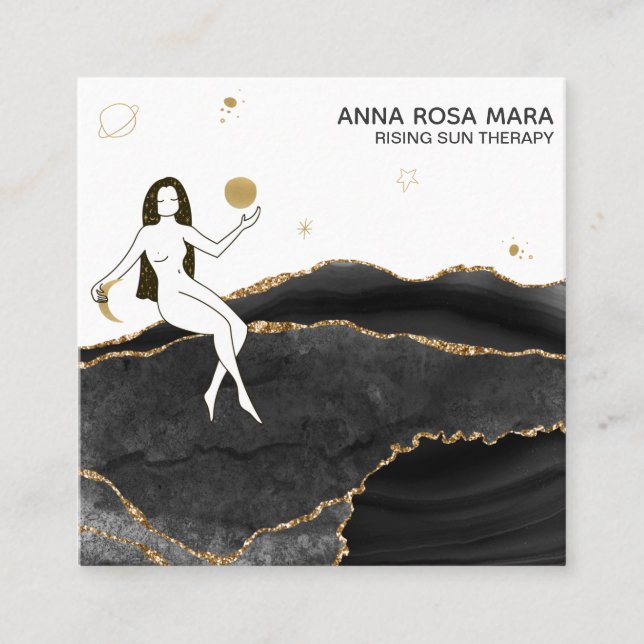 Cartão De Visita Quadrado *~* Agate Negra Celestial + Deusa Literária Dourad (Frente)