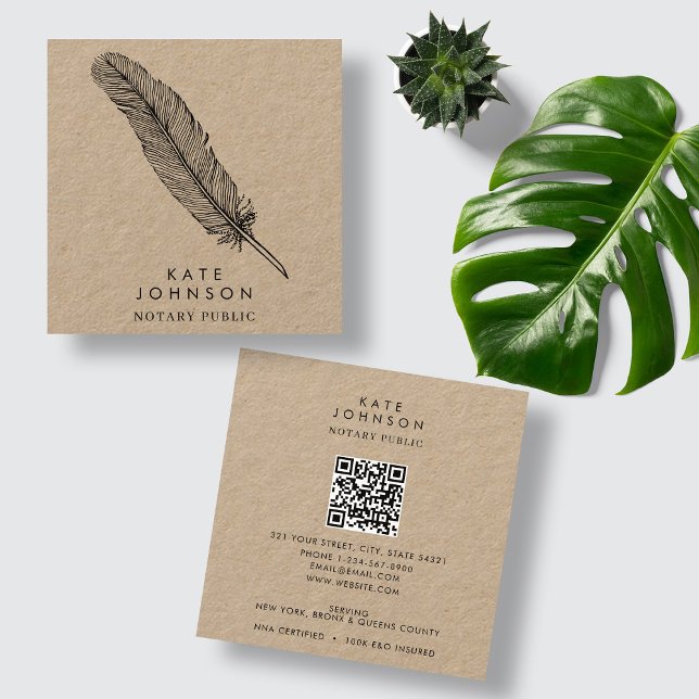 Cartão De Visita Quadrado Agente de Assinatura Notária Feather Quill Rustic  (Notary Signing Agent Feather Quill Rustic Kraft Square Business Card)