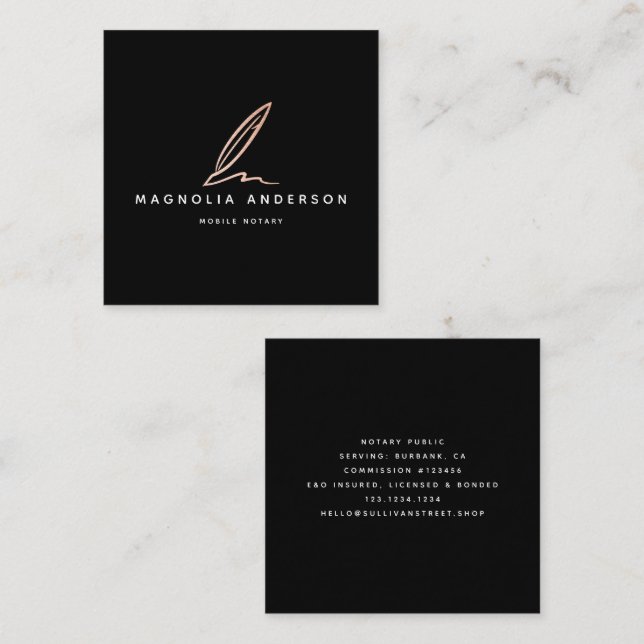 Cartão De Visita Quadrado Agente de Assinatura Pública Notária Rosa Gold Foi (Frente/Verso)