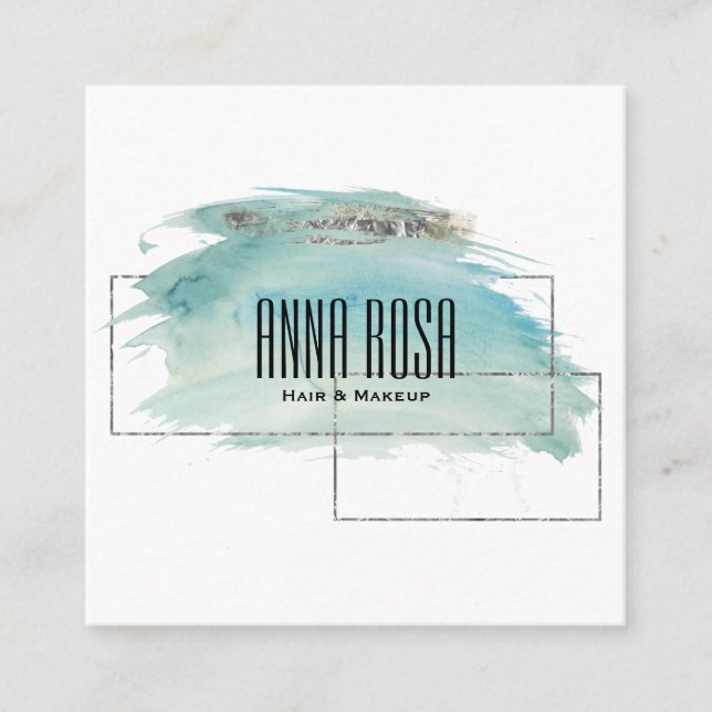 Cartão De Visita Quadrado Aguarela de prata geométrica de turquesa do *~* (Frente)